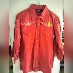 Pooh Disney women's button up shirt orange with embroidery pearl snap Sz medium
